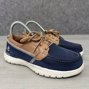 Skechers On The Go Flex Comfort Boat Shoes Womens Sz 6 Navy Tan Goga Mat